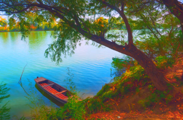 Summer landscape with the boat and a tree on the river bank