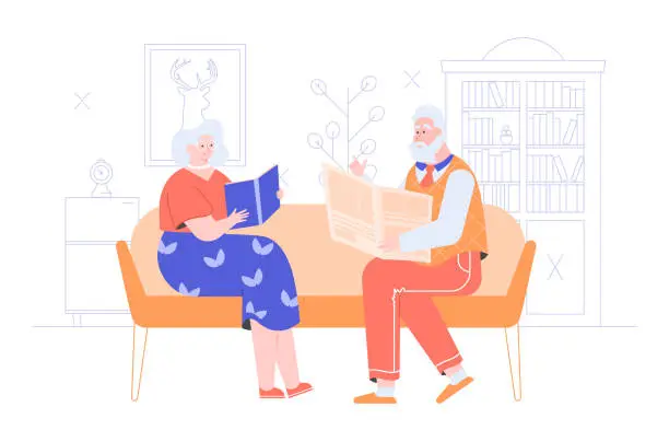 Vector illustration of Pensioners are sitting in the living room. Grandfather is reading a newspaper, grandmother is reading a book. Family evening. Vector flat illustration.