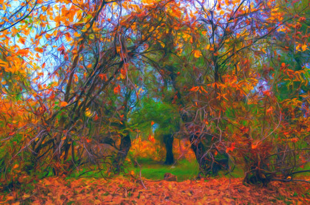 Oil landscape painting showing forest in the autumn.