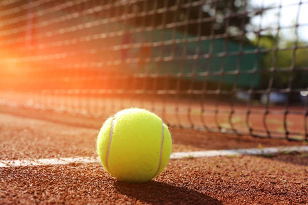 Symbolic image: Tennis court with ball and net, close-up Symbolic image: Tennis court with ball and net, close-up clay court stock pictures, royalty-free photos & images