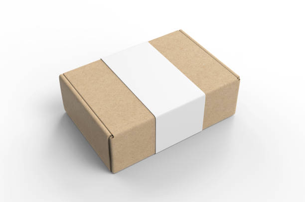 blank tuck in flap packaging paper box for branding with paper label sleeve, illustrazione di rendering 3d. - packaging paper cardboard rolled up foto e immagini stock