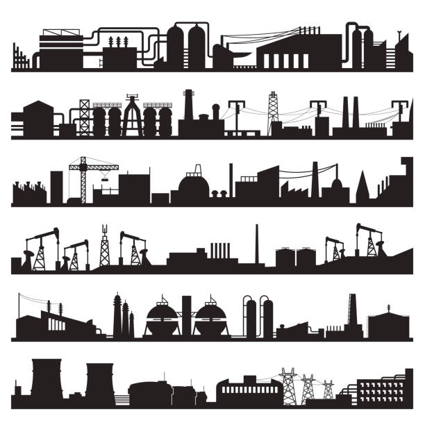 Set of industrial city view black silhouettes isolated on white. Plant, factory panorama pictograms. Set of industrial city, town view black silhouettes isolated on white. Plant, factory panorama pictograms collection, logo. Pipeline, crane, power tower, equipment vector elements for infographic, web steel mill stock illustrations