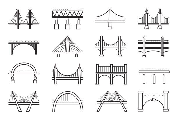 Set of bridges types: beam, truss, cantilever, tied arch, suspension, cable-stayed thin line icons. Set of bridges types: beam, truss, cantilever, tied arch, suspension, cable-stayed thin line icons isolated on white. Viaduct, architecture pictograms collection, vector elements for infographic, web. cable stayed bridge stock illustrations