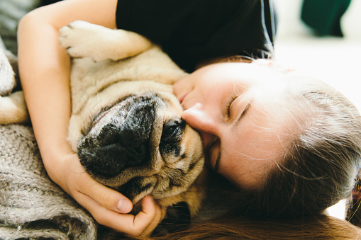 Young woman with long hair sleeping on the sofa with her cute dog - pug breed in their Scandinavian style apartment during their staying at home at quarantine because of pandemic - sunny day, positive emotions