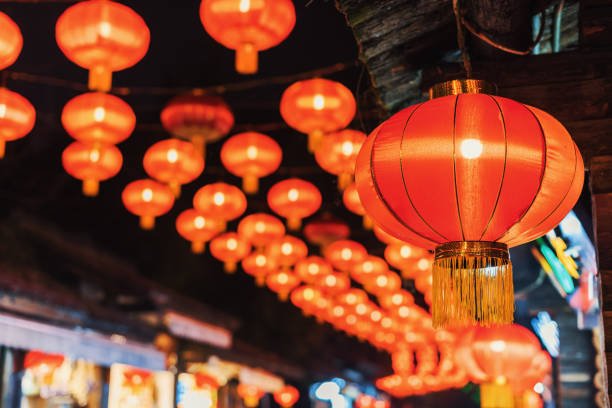 istock Illuminated red chinese lanterns hanging for the chinese new year 1223805744