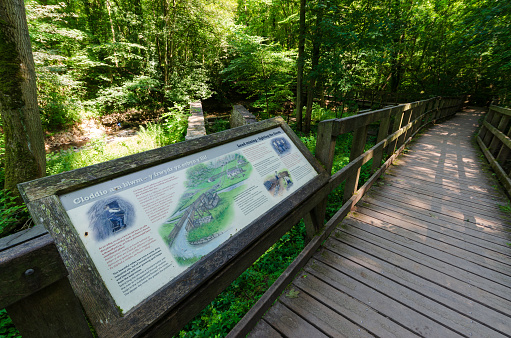 Loggerheads, Flintshire, UK : Jul 23, 2019: Country parks often feature interpretation boards such as this one in Loggerheads. The boards inform visitors about history or local features.