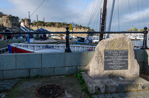 Conwy, UK : Jan 25, 2020: A memorial plaque on the quayside is dedicated to the missing crew of fishing vessel Katy which left Conwy on the 16th January, 1994.