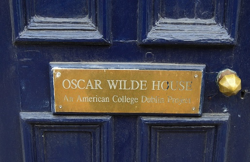 30th April 2020, Dublin, Ireland. 'Oscar Wilde House, An American College Dublin Project' door brass plaque on the door to Oscar Wilde House, Oscar Wilde's restored childhood home, on Merrion Square.