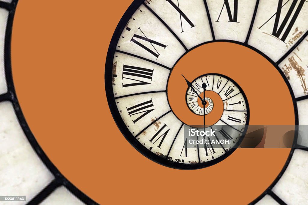 Spiral clock, twisted time, surreal infinity, selective focus Clock Stock Photo