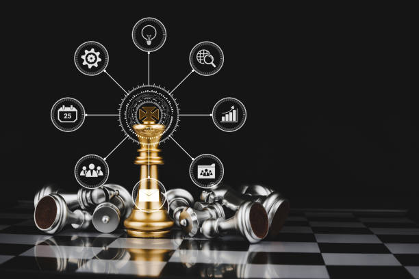 istock gold king surrounded with silver chess pieces on chess board game competition with virtual digital icon on dark background, chess battle, digital marketing, team leader, business strategy concept 1223814523