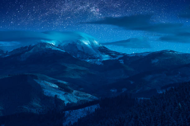 istock Starry sky with milky way in a sky above snow-capped peaks 1223816262