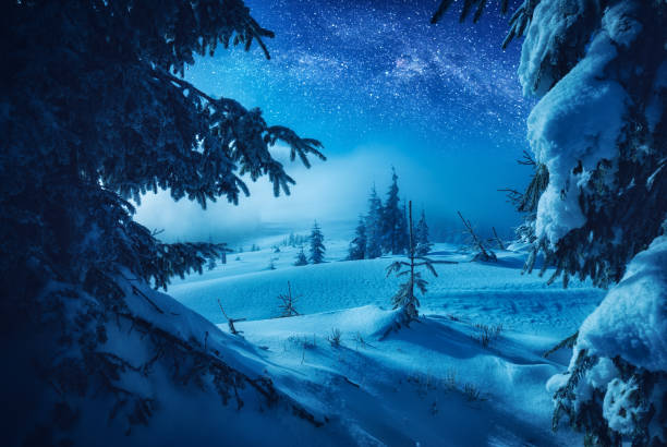 istock The valley covered with fresh snow in a light of moon 1223817070