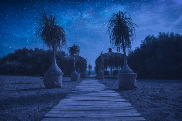The path to the Cirali beach at night with milky way in a starry sky. Mediterranean sea coast, Turkey, lycia.