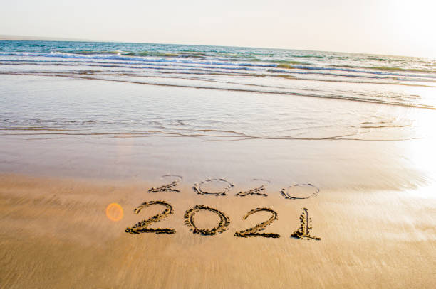 istock Happy new year 2021 text on the sea beach 1223821638