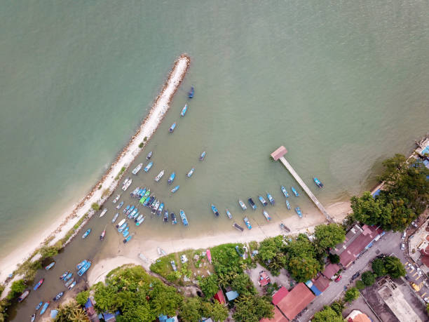istock Aerial view look down fishing boat park 1223822840