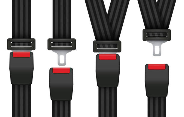 Set of locked, unlocked detailed seatbelts for driver, passengers. Fastened, unfastened safety belts. Set of locked, unlocked detailed seatbelts for driver, passengers. Fastened, unfastened black safety belts with red buckles for adults and kids. Realistic vector illustration isolated on white. buckle stock illustrations