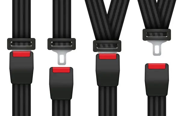 Vector illustration of Set of locked, unlocked detailed seatbelts for driver, passengers. Fastened, unfastened safety belts.