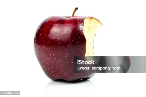 istock Fresh red apple nibble on a white background 1223825777