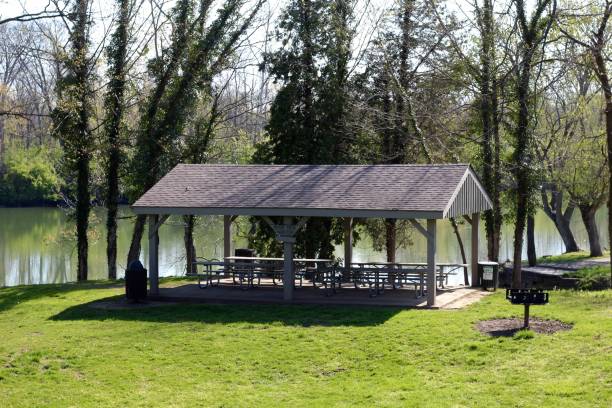 istock Empty Picnic Shelter near River 1223825892