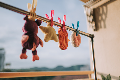 stuffed soft Toy clothesline clothespin hanging at balcony in the morning