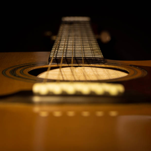 istock Acoustic guitar close-up view with a black background. Selective focus. 1223829561