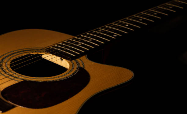 istock Acoustic guitar close-up view with a black background. Selective focus. 1223829578