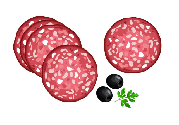 круглый ломтик колбасной салями, оливок и петрушки. вкусный мясной продукт, изолированный на белом фоне. - salami stock illustrations