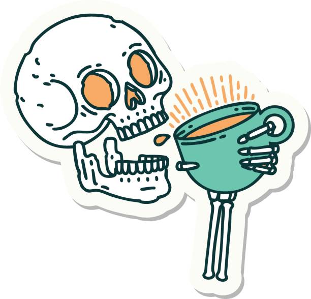 tattoo style sticker of a skull drinking coffee sticker of tattoo in traditional style of a skull drinking coffee decaffeinated stock illustrations