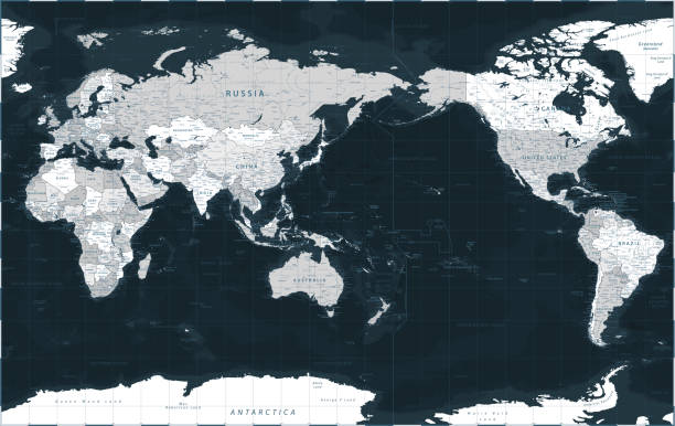 mapa świata - widok pacyfiku - asia china center - dark black grayscale political - wektor szczegółowa ilustracja - relief stock illustrations