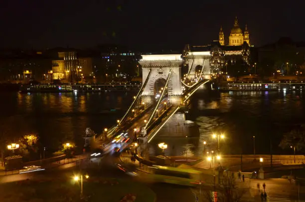 Photo of The night scene of Szechenyi Chain Bridge at Budapest.