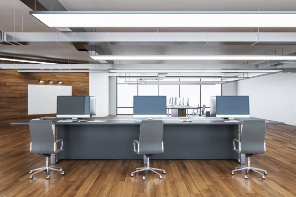 istock Wooden coworking office with equipment 1223833652