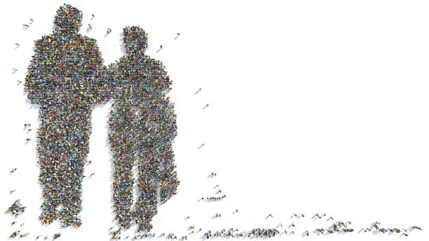 Photo of Groups of People Forming the Silhouette of a Senior Couple Walking Arm in Arm