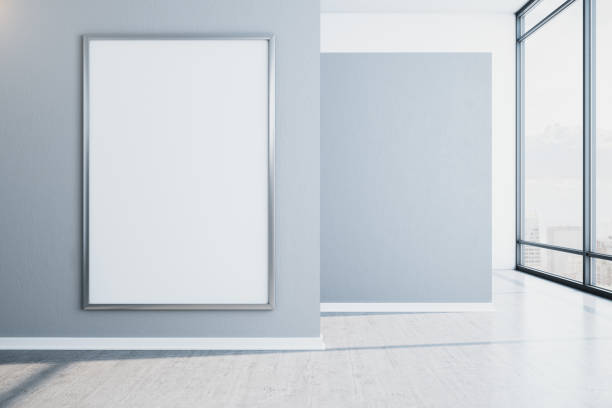 istock Luxury exhibition interior with city view 1223834403