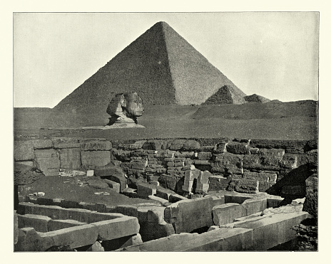 Antique photograph of Pyramids and sphinx, Egypt, 19th Century