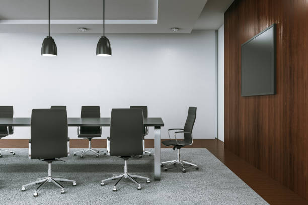 istock Luxury meeting room interior with blank tv screen 1223835775