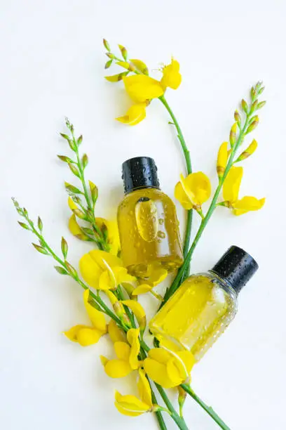 Essential oil with gorse flower extract. Hygiene bath product. Wellness therapy regeneration