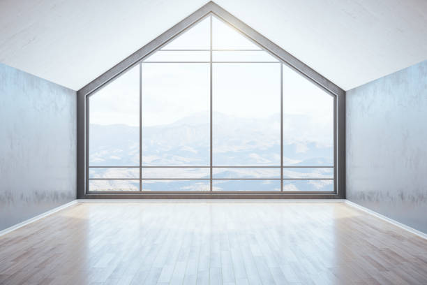 istock Minimalistic attic interior room with landscape view 1223836031