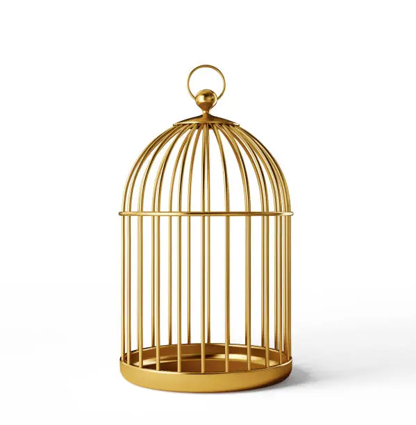 golden bird cage isolated on a white. 3d illustration