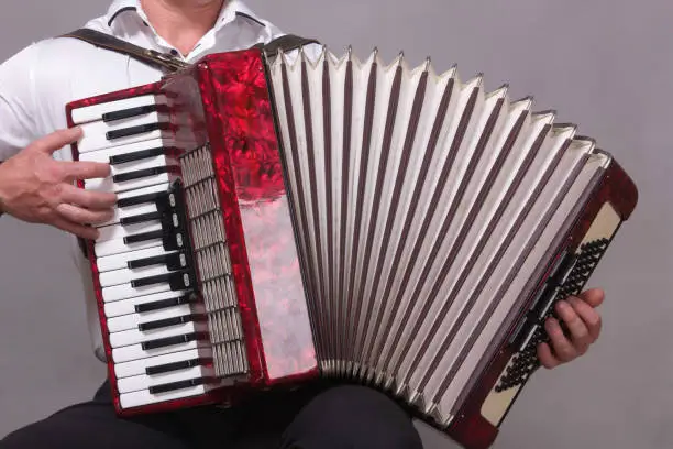 Closeup detail of a man in a white shirt playing the red accordion. Hands close-up