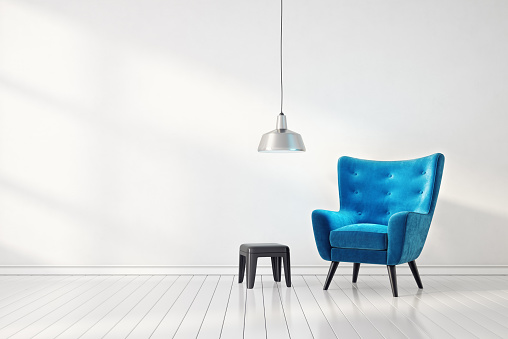 modern living room  with blue armchair and lamp. scandinavian interior design furniture. 3d render illustration