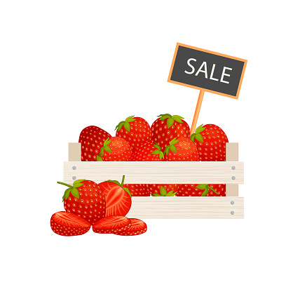 Box full of strawberry. Sale of berries. Vector illustration.