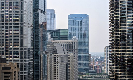 Aerial view of Downtown Chicago on a hot summer day