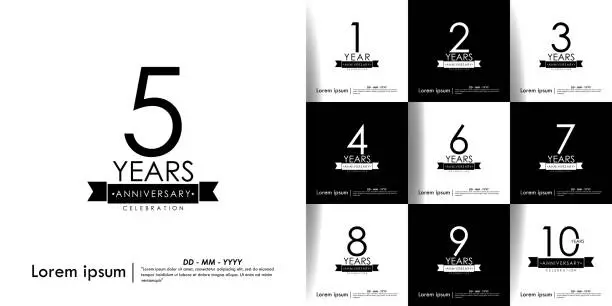 Vector illustration of Set of 1-10 Years anniversary celebration with ribbon on black & white background. vector illustration template design for web, flyers, leaflet, poster, invitation card or greeting card