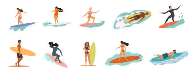 illustrations, cliparts, dessins animés et icônes de collection de personnes en maillot de bain faisant des activités - surfer