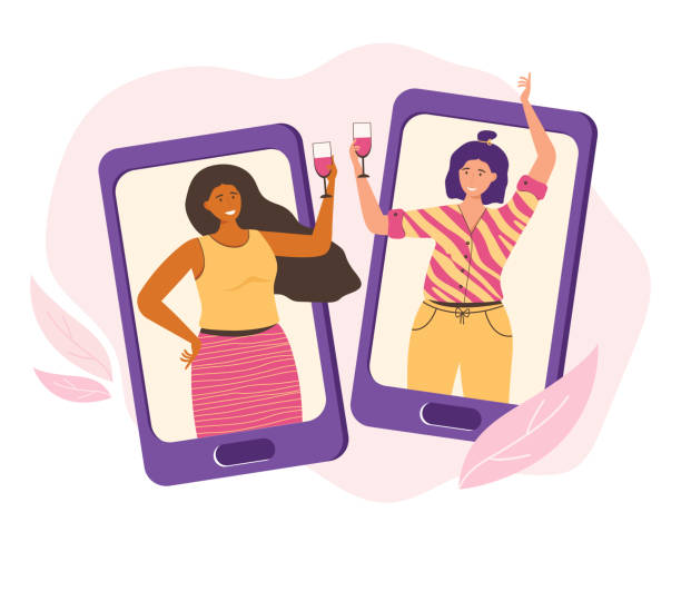 ilustrações de stock, clip art, desenhos animados e ícones de online party, birthday, meeting friends. communication via video chat using an app on their smartphone. women friends have fun at home, drink wine and talk over the internet. vector flat illustration - friends drink