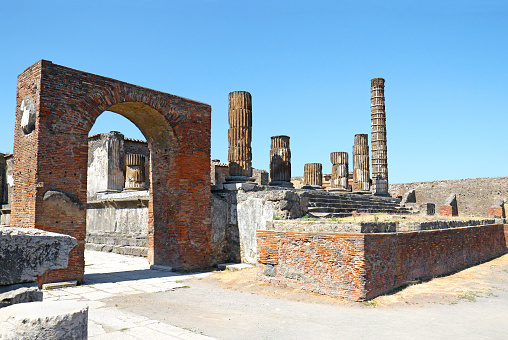 Excavated Ruins of ancient Pompeii Destroyed by volcano Vizuvius eruption, Pompei, Naples, Italy. Blue Sky Sunny Day