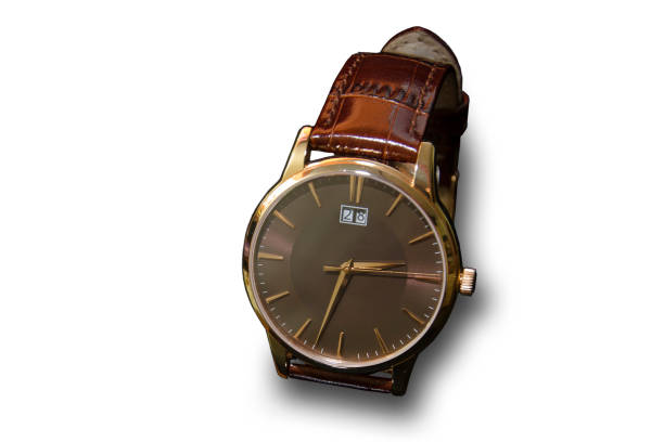 Isolate of  wristwatches with leather strap on a black background.