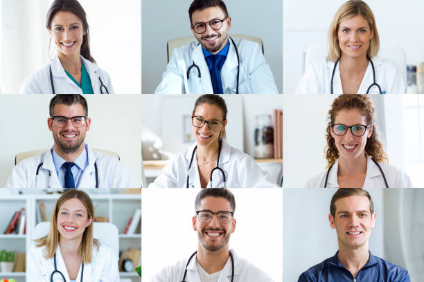 istock Headshot screen application view of diverse doctors have work web conference. 1223848374