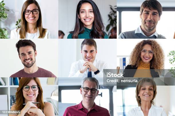 Headshot Screen Application View Of Diverse Employees Have Work Web Conference Stock Photo - Download Image Now