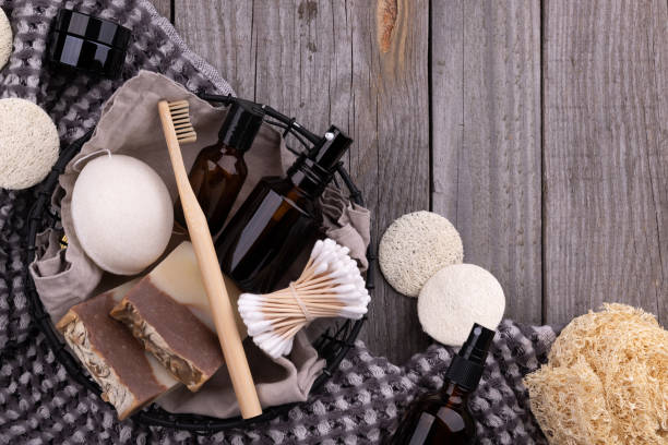 istock Zero waste eco friendly bathroom accessories on wooden background 1223852775